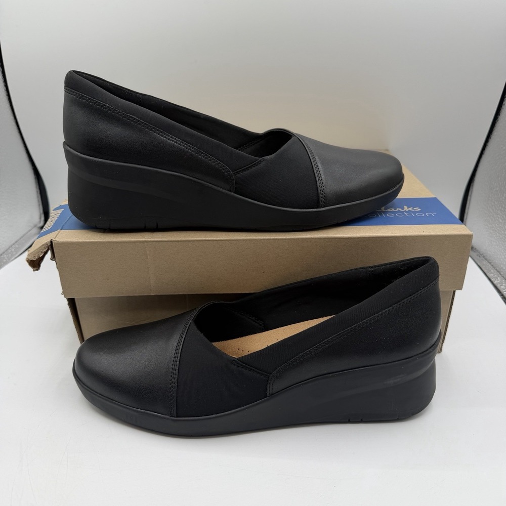 Clarks Suttyn Walk Shoes Womens Size 11 M Black Leather Wedge Slip On‎ Comfort